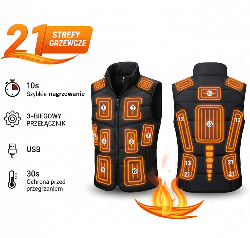 Kamizelka Podgrzewana – Unisex, USB, 21 Stref Grzania