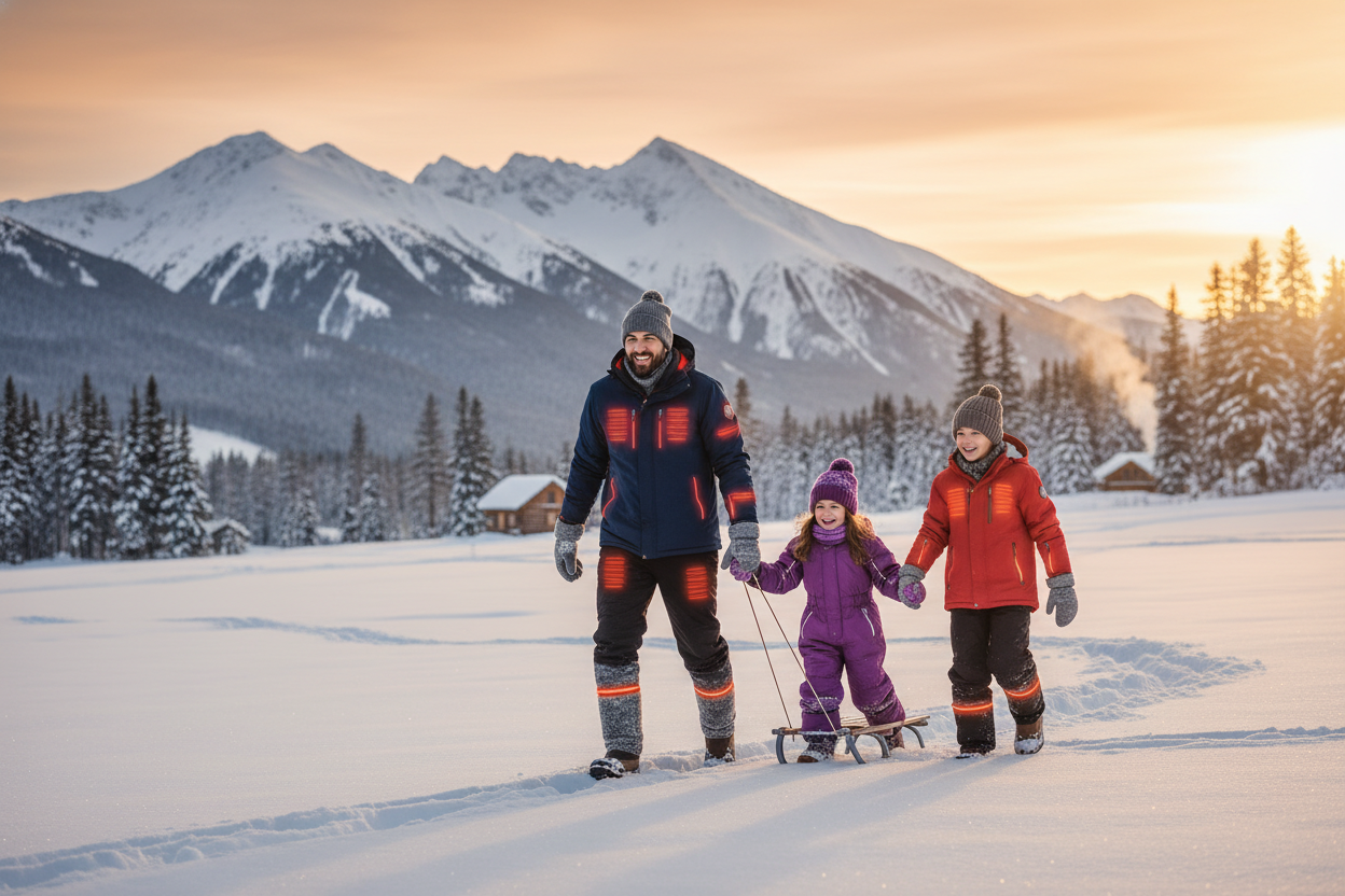 Zimowa scena z rodziną w podgrzewanych akcesoriach